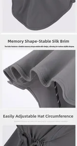 Detail of wide brim sun hat showing memory shaping, adjustable size and foldable design