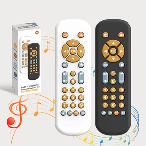 Baby TV remote toy with lights and sounds showing BPA-free material and bilingual buttons