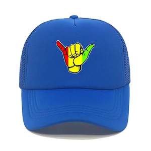 Blue mesh trucker hat featuring a colorful Shaka hand gesture print for outdoor casual wear