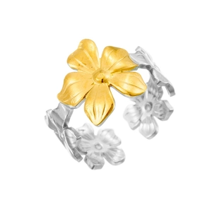 Adjustable two-tone open ring featuring golden flower and silver petal floral motifs
