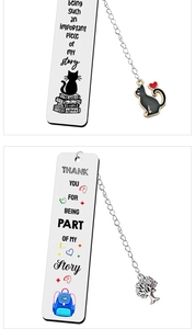 Detailed shot of stainless steel bookmarks with chain pendants and engraved quotes