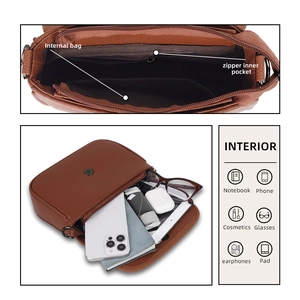 Detailed interior view of brown leather crossbody bag showing compartments and storage capacity