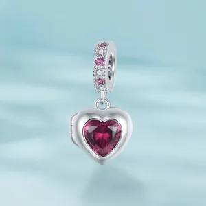 S925 sterling silver heart charm with pink zircon ring and red center crystal