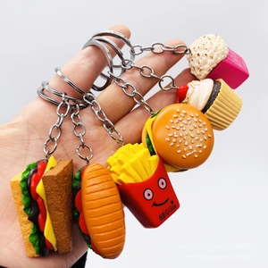 Detailed view of 6-piece realistic food keychains including burger, fries and sandwich