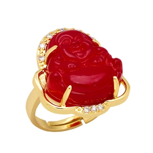 Golden Laughing Buddha ring with red stone and zircon pavé in an open adjustable design