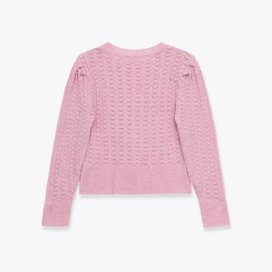 Pink hollow-out knit cardigan with puff sleeves and wavy texture seen from the back view