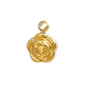 Detailed macro view of a 3D gold rose pendant showing delicate petals and polished finish