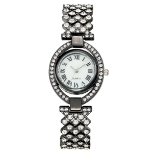 Orologio al quarzo da donna con cinturino in metallo scuro decorato con strass e quadrante