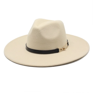 Classic beige wool fedora hat with a wide flat brim and decorative black leather strap