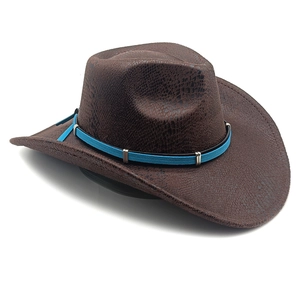 Detailed macro of brown faux suede western cowboy hat with blue band and snake texture