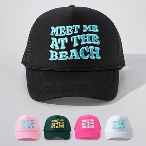Embroidered Trucker Hat Meet Me At The Beach Lettering Mesh Back Adjustable Breathable Baseball Cap Outdoor Vacation