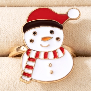 Close-up of a festive Christmas snowman ring with red enamel details and golden band