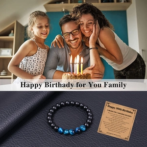 50th birthday beaded bracelet with 5 blue tiger eye stones on a commemorative card