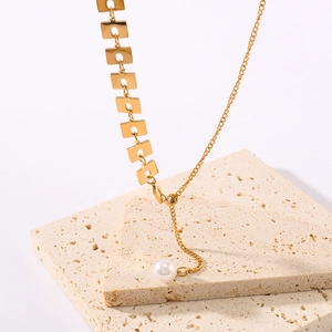 18k gold plated stainless steel square link necklace with white pearl pendant on stones