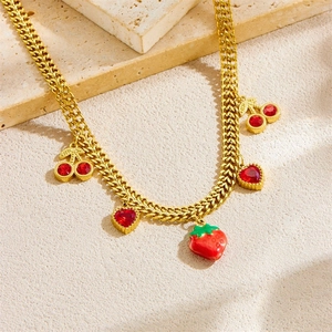 Gold-plated stainless steel chain necklace with 3D strawberry, cherry and heart pendants