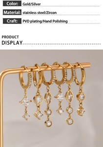 Detail of gold zircon earrings with PVD plating and geometric dangles on a stand