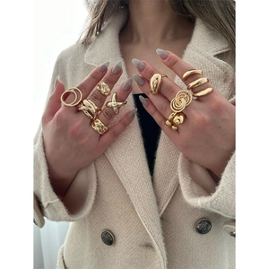 Three-layer 18k gold plated spring ring and geometric stackable ring set on model