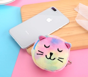 Rainbow plush cat coin purse with soft faux fur texture and metal ball chain detail