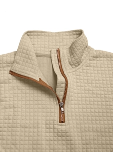 Detailansicht des Reißverschlusskragens und der Waffelstrick-Textur dieses Herrenpullovers