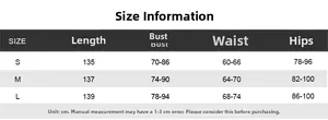 Detailed size chart for the off-shoulder evening maxi dress with S, M, L measurements