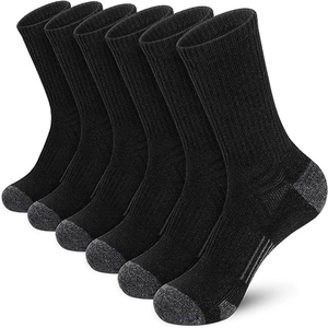Close-up of 6 pairs black crew socks with grey reinforced toes and heels for sports