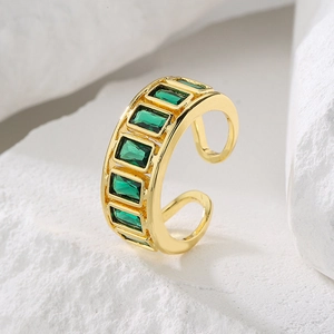 Adjustable 18K gold-plated ring featuring five rectangular green zircon stones on stone base