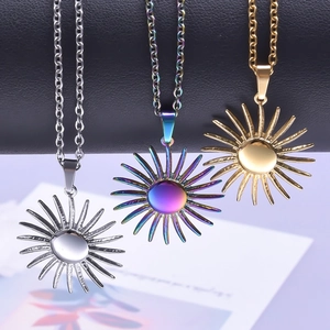 Three sun pendant necklaces in silver, rainbow, and gold finish made of stainless steel