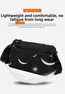 Detailed view of ultra-lightweight nylon crossbody bag weighing only 0.31kg with feather decoration