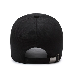 Rear view of black cotton baseball cap for men with adjustable metal slider buckle