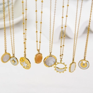 Luxe bohemian stainless steel necklaces with white shell pendants in 18k gold finish