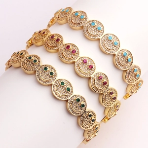 Retro Smiley Face Open Bangle Copper Gold Plated Micro Pave White Zircon Colorful Eye Stones Adjustable Bracelet