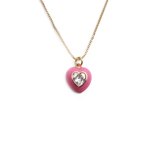 Elegant gold plated necklace with a pink heart pendant featuring a clear gemstone center