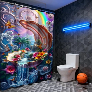 Detailansicht Fantasie-Duschvorhang mit Muscheln, Regenbögen und Metallhaken