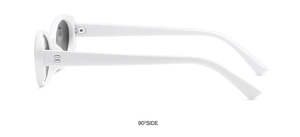 Detail view of the 90-degree side profile of retro oval sunglasses with white frames