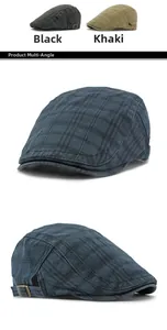 Detalle de gorra tipo boina de algodón a cuadros con hebillas laterales de metal