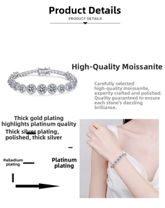 Detail of Moissanite tennis bracelet with multi-layer thick silver and rhodium plating