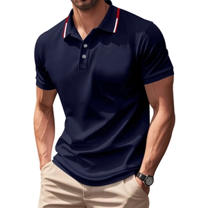 Detail of navy men's polo shirt featuring contrast red and white striped collar texture