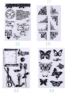 Detailed views of vintage clear silicone stamps with floral, clock, and butterfly motifs