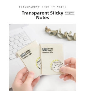 Handheld view of a 70x95mm transparent PET waterproof sticky note with 50 sheets