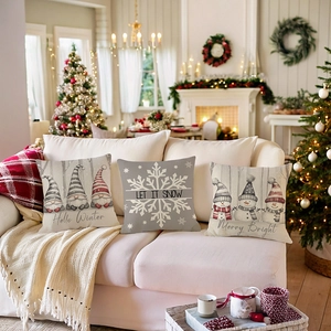 Christmas pillow covers with snowman prints and holiday phrases for festive sofa decor