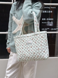 Mint green quilted cotton tote bag with floral bunny print and large capacity