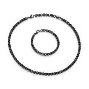 Men's black stainless steel box chain necklace and bracelet jewelry set on white background
