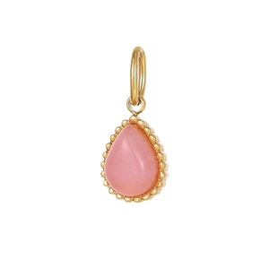 Pink teardrop stone pendant with gold beaded edging and stainless steel bail