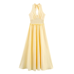 Robe Maxi Licou À Rayures Jaunes Sans Manches Dos Nu Taille Smockée À Volants Robe De Vacances D'été Pour Femmes