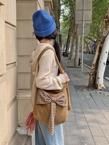 Brown plush crossbody bag with check pattern bow decoration for autumn and winter