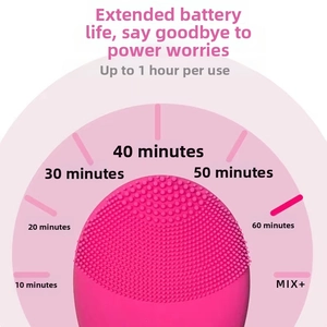 Macro shot of rose red silicone facial cleanser brush showing 1 hour battery life detail