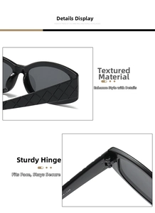 Macro detail of square frame sunglasses showing quilted texture temples and metal hinge