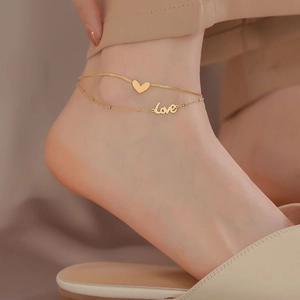 Double Layer Heart Love Letter Anklet Titanium Steel 18K Gold Plated Dainty Foot Chain Jewelry For Women