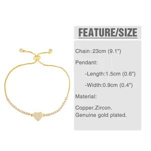 Guide des tailles du bracelet ajustable en cœur avec chaîne de 23cm et pendentif 1,5cm