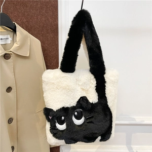 Detail of white plush cat tote bag with black feline cartoon eyes and soft fur texture